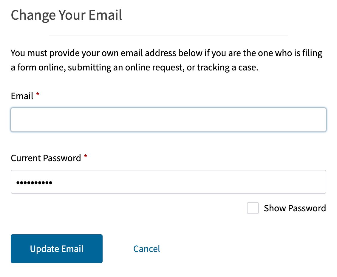 Tela para atualizar e confirmar o novo e-mail na USCIS