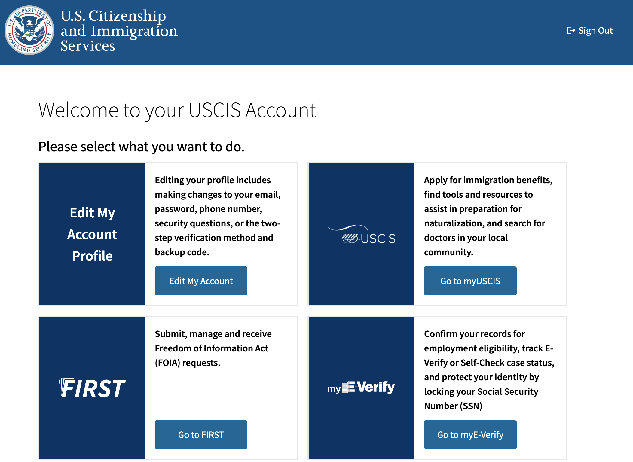 Tela com My USCIS no menu principal