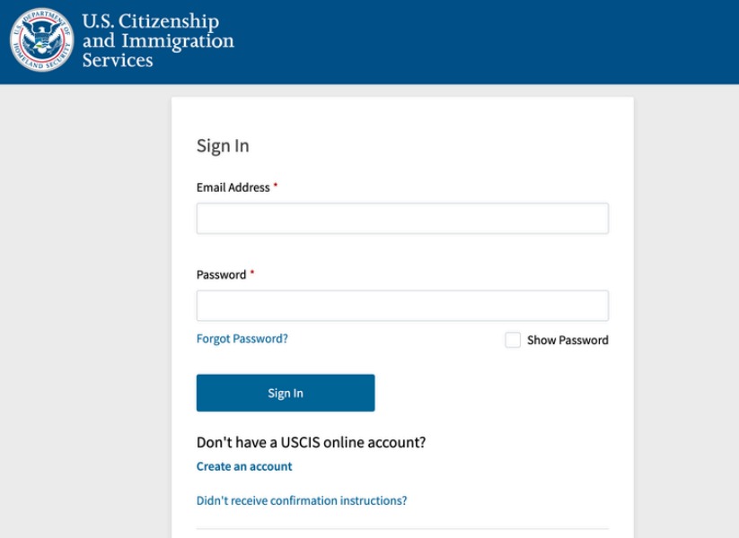 Tela de login do portal USCIS