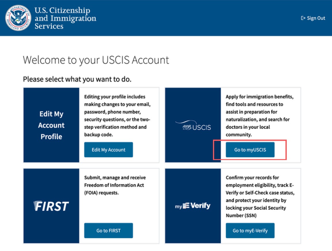Tela inicial do USCIS com botão Go to myUSCIS